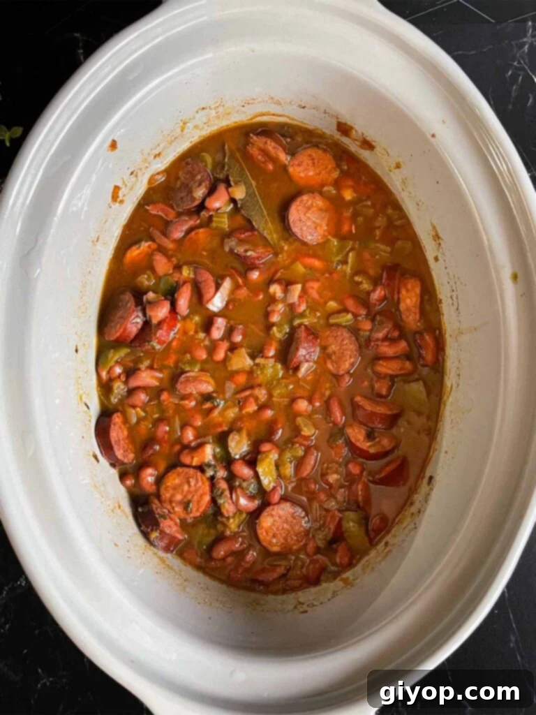 Soulful Slow Cooker Red Beans and Rice 8 Cooked red beans in the crock of a slow cooker.