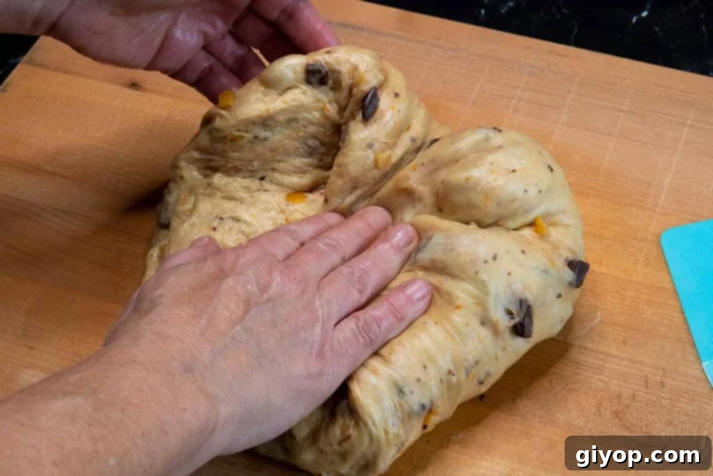 Decadent Chocolate Orange Panettone 11 Shaping the panettone dough by folding it.