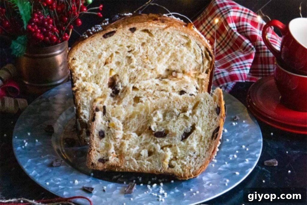 Decadent Chocolate Orange Panettone 3 A perfectly sliced panettone revealing its light, airy crumb and generous fillings.