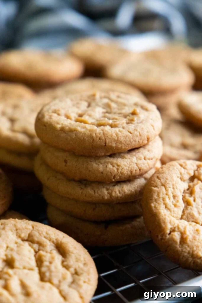 Golden brown peanut butter cookies cooling on a wire rack over a baking sheet.