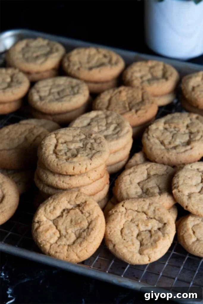 Delicious peanut butter cookies stacked on a wire rack inside a baking sheet.