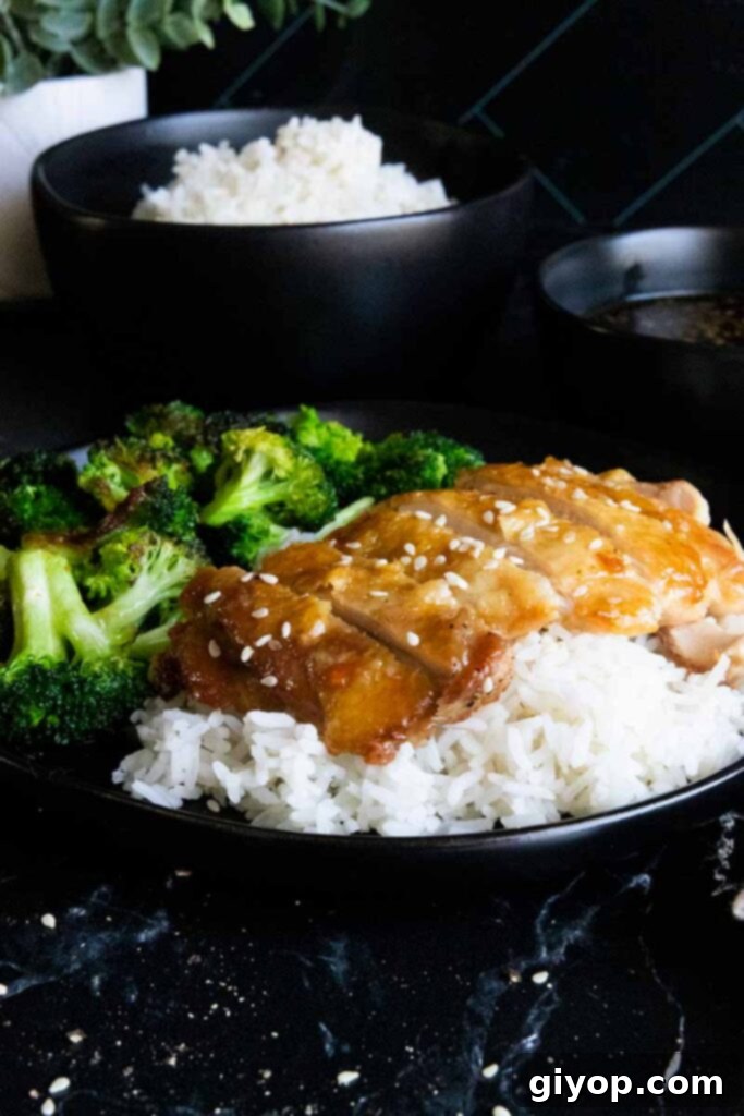 Sticky Crispy Teriyaki Chicken Thighs 11 Crispy chicken teriyaki thighs presented on a bed of rice with steamed broccoli.