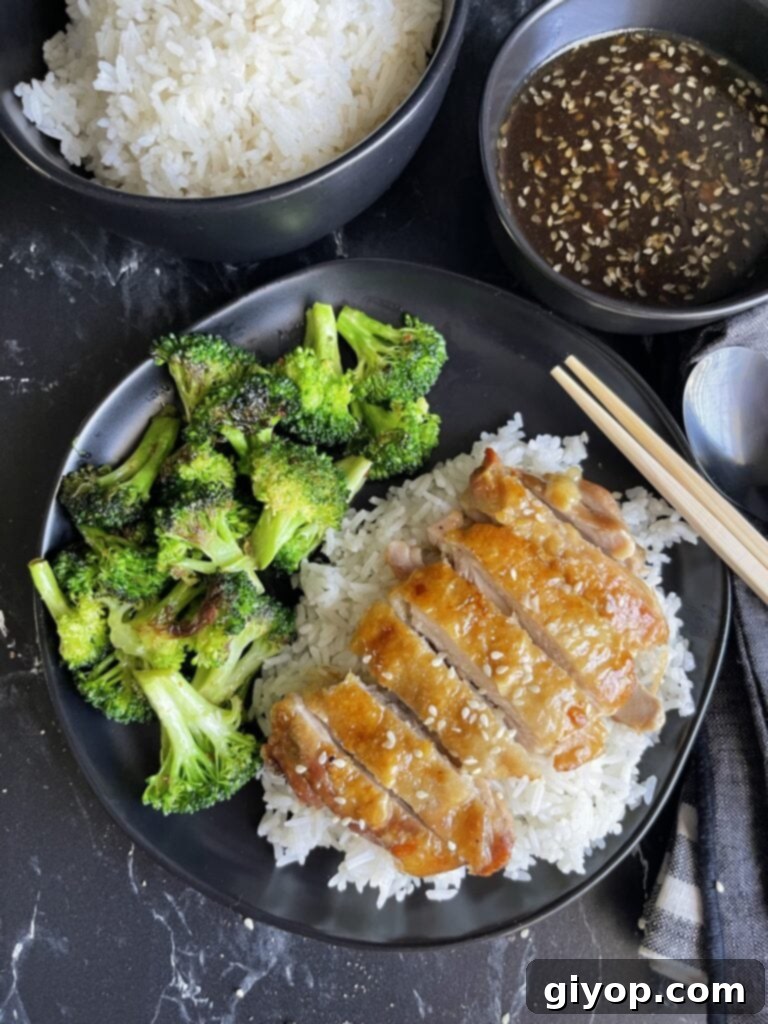 Sticky Crispy Teriyaki Chicken Thighs 10 Crispy Chicken Teriyaki Thighs with rice and broccoli, served with extra sauce on the side.