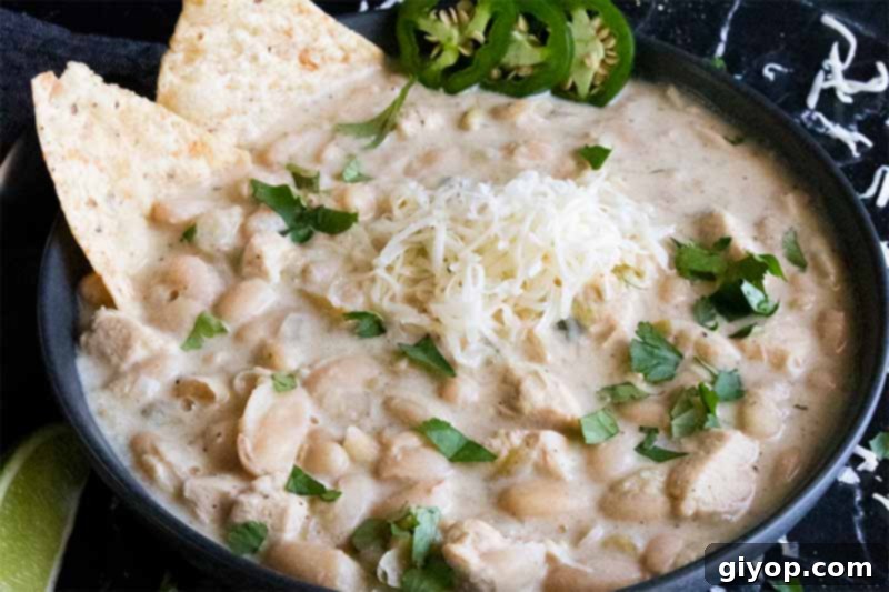 A beautifully presented bowl of thick white chicken chili, garnished with fresh cilantro and a dollop of sour cream, ready to be enjoyed.