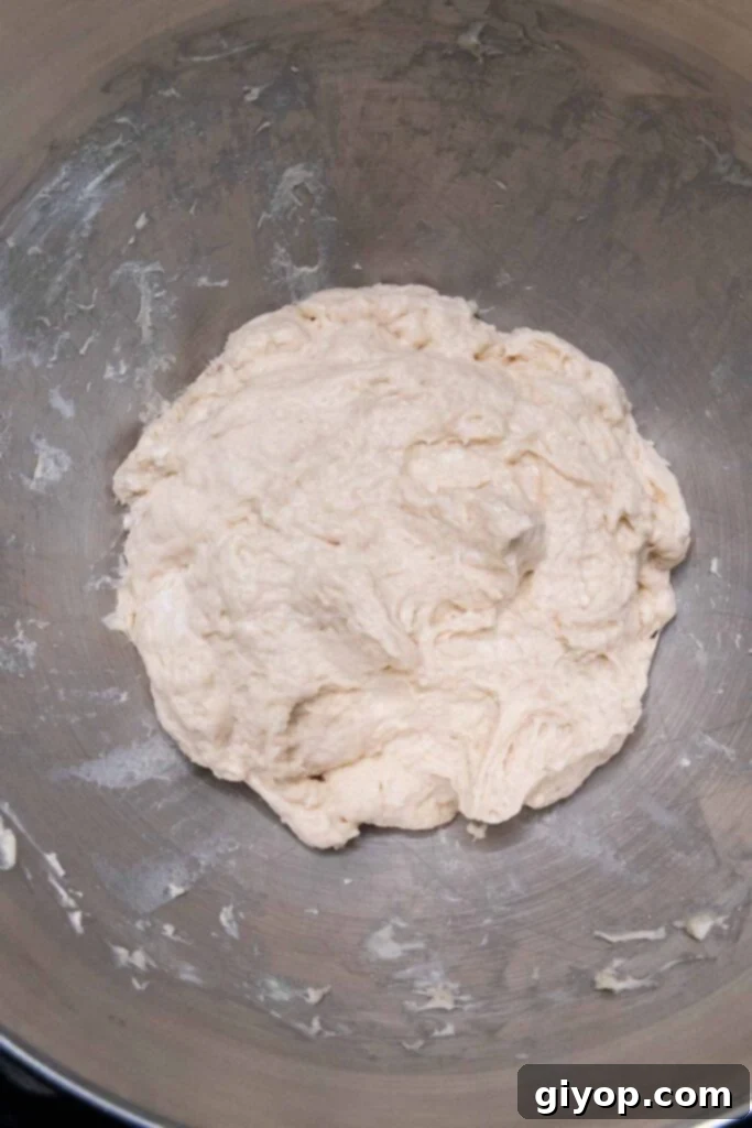 Proofed dough in a mixing bowl after its first rise.