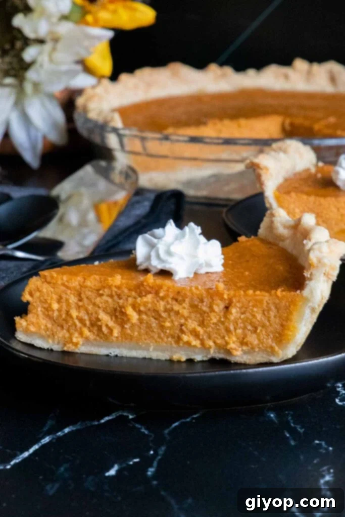 Southern Comfort Sweet Potato Pie 7 sweet potato pie slices on black plates