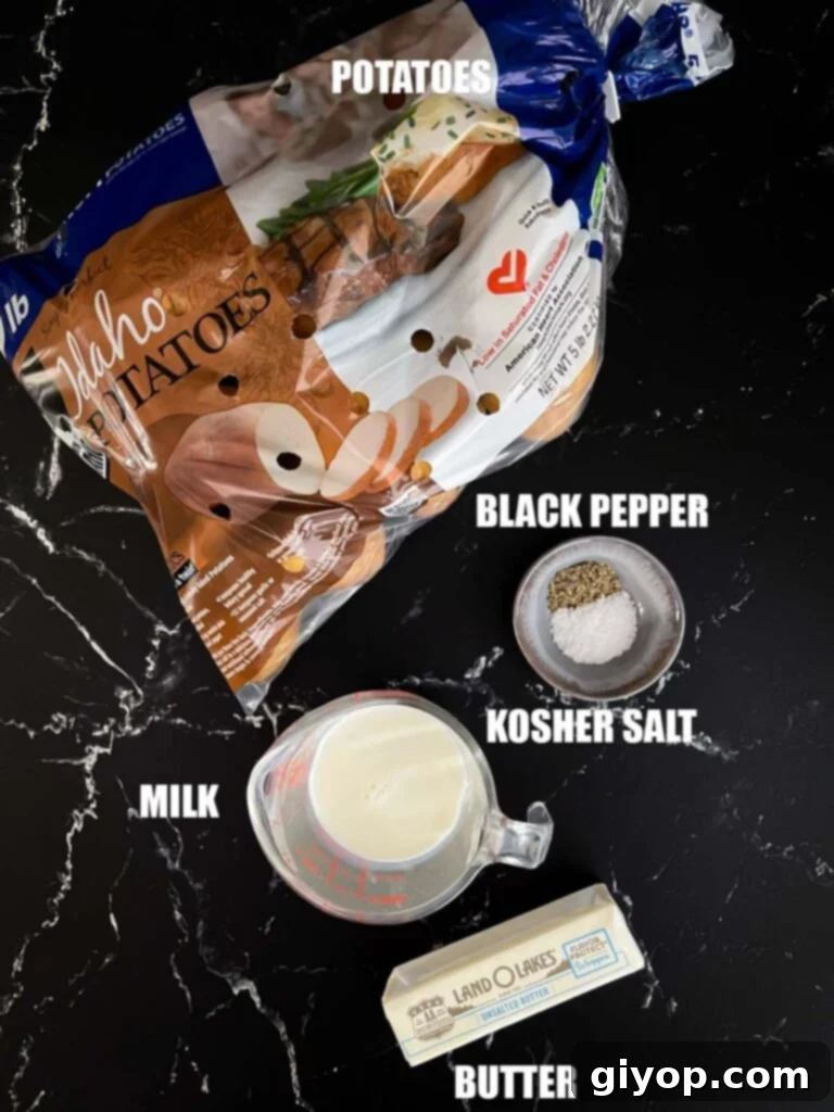 Ingredients needed to make mashed potatoes.