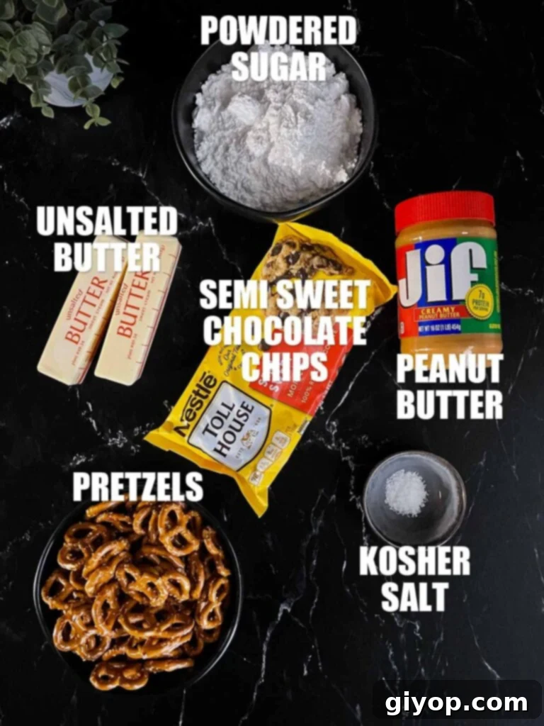 Ingredients needed to make peanut butter pretzel bars on a dark surface, neatly laid out.
