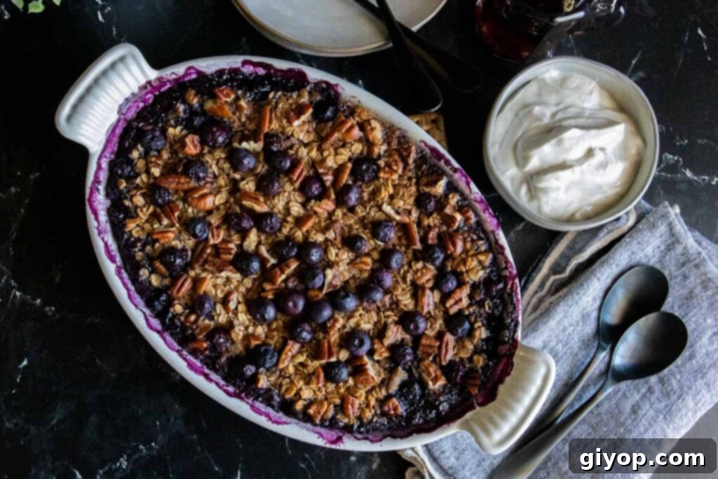 Wholesome Blueberry Baked Oatmeal 2 A beautifully presented blueberry baked oatmeal in a white oval baking dish, ready to be served and enjoyed.