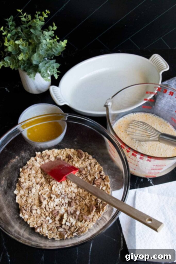 Wholesome Blueberry Baked Oatmeal 4 Dry ingredients for baked oatmeal including old-fashioned oats, spices, and chopped pecans, thoroughly mixed together in a large stainless steel mixing bowl.
