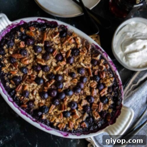 Wholesome Blueberry Baked Oatmeal 9 Blueberry baked oatmeal in a white oval baking dish.