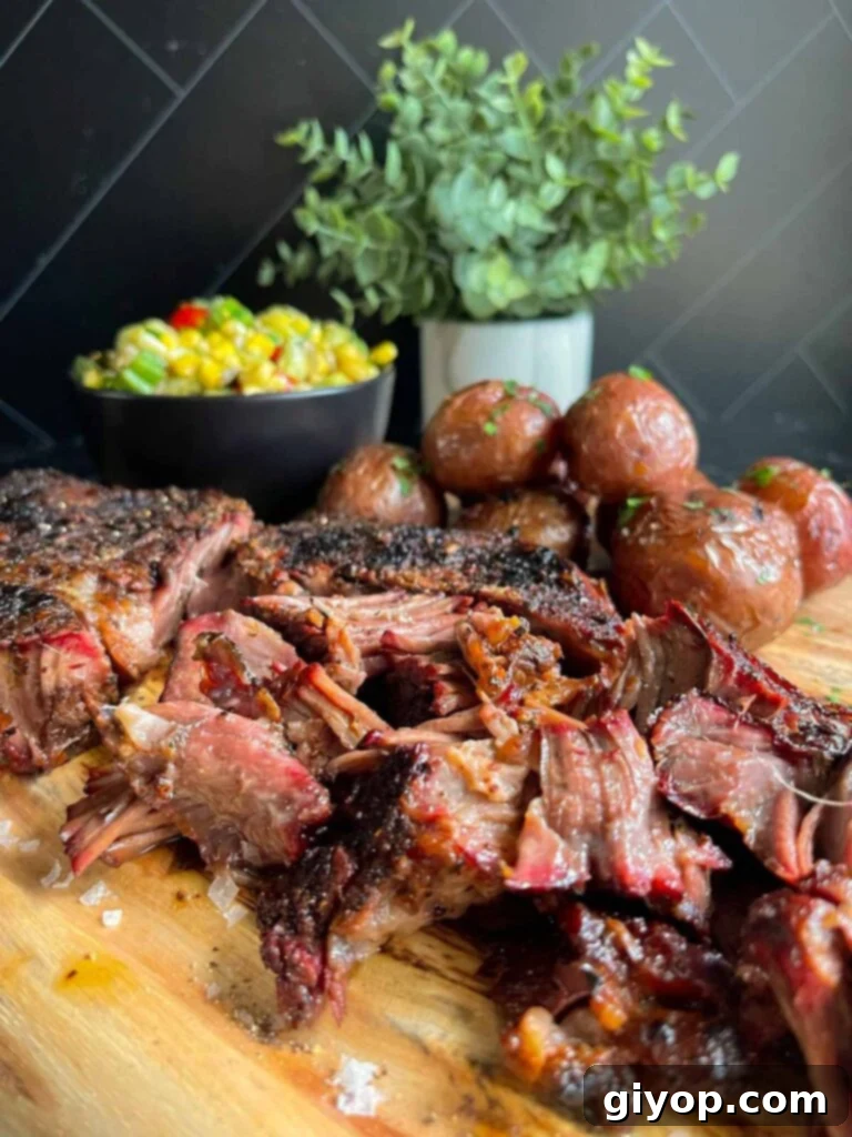 smoked chuck roast with summer succotash and grilled potatoes on a wooden board.