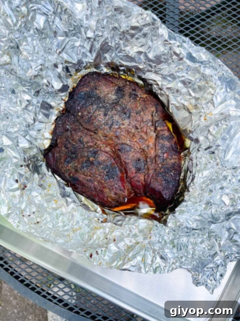 Smoked chuck roast after its resting period.
