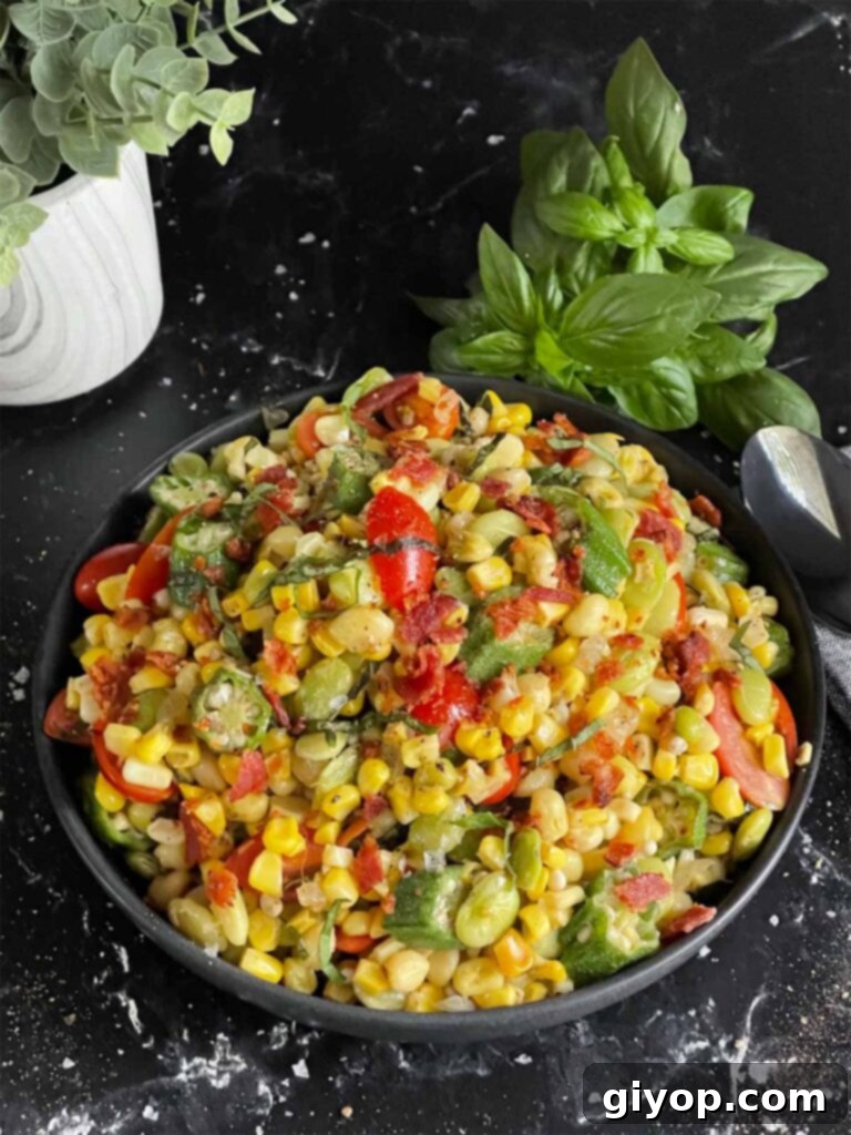 A close-up shot of the finished Summer Succotash served in a black bowl, highlighting the medley of colorful vegetables, crispy bacon, and fresh basil.