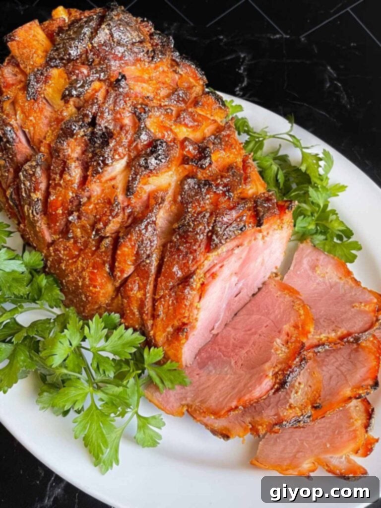 Brown sugar glazed ham on a platter garnished with fresh parsley.