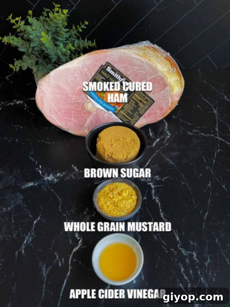 Ingredients for brown sugar glazed ham on a dark surface.