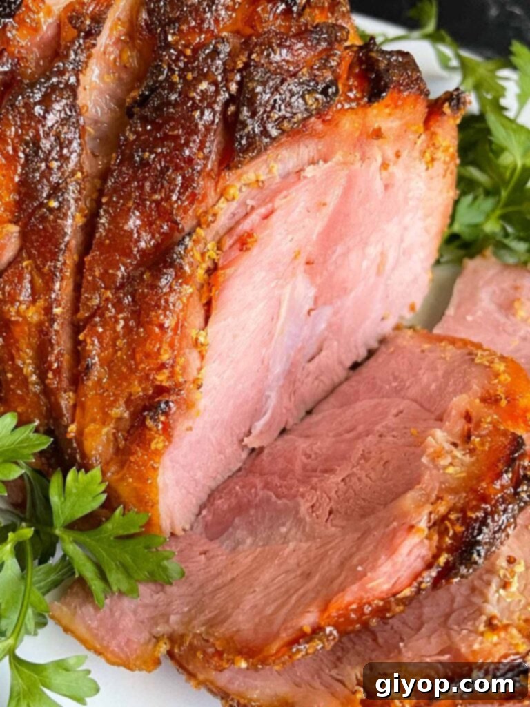 Brown sugar glazed ham on a platter garnished with fresh parsley.