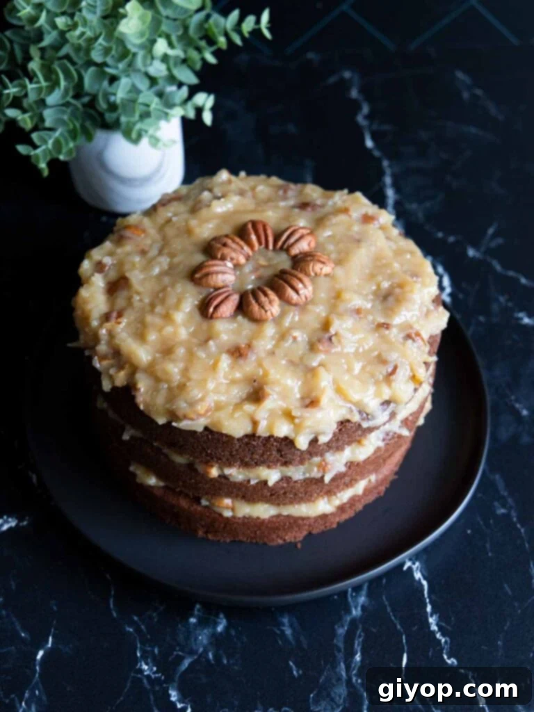 Original Baker's German Chocolate Cake on a black plate.