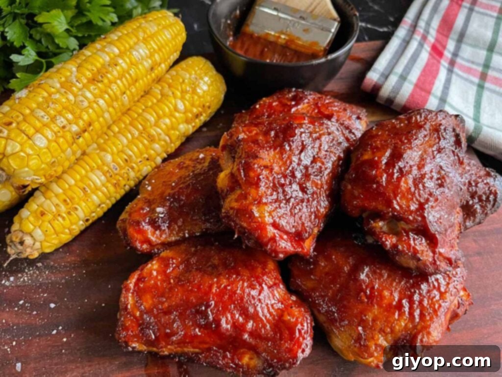 BBQ chicken thighs with crispy skin and grilled corn on a cutting board.