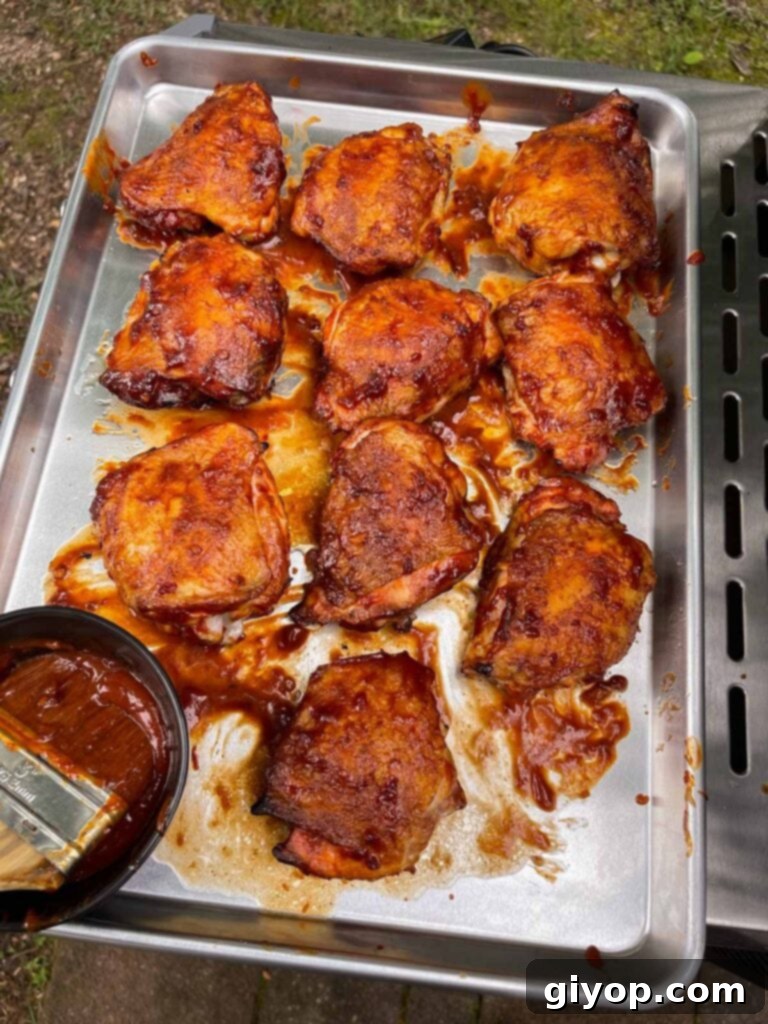 Chicken thighs with bbq sauce baked on.