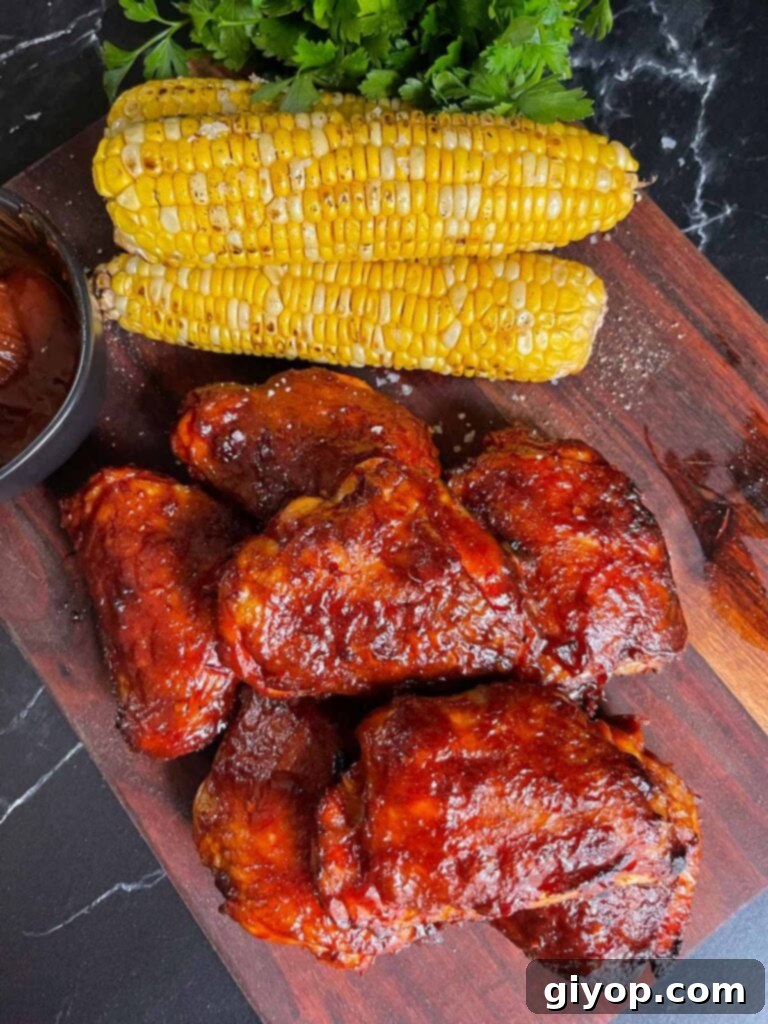 BBQ chicken thighs with crispy skin. Grilled yellow corn as a garnish on a brown cutting board.