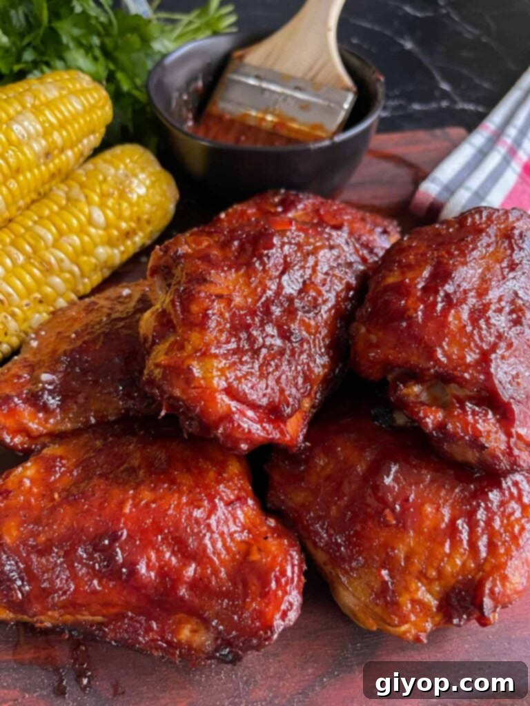 BBQ chicken thighs with crispy skin. Grilled yellow corn as a garnish on a brown cutting board.
