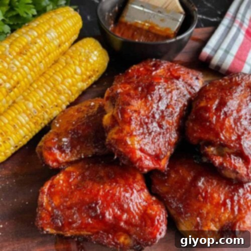 BBQ chicken thighs with crispy skin and grilled corn on a cutting board.