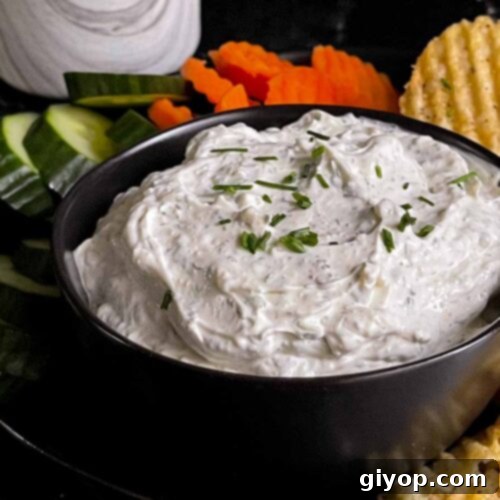 The Ultimate Chip Dip 7 Chip dip in a black bowl surrounded by chips and vegetables