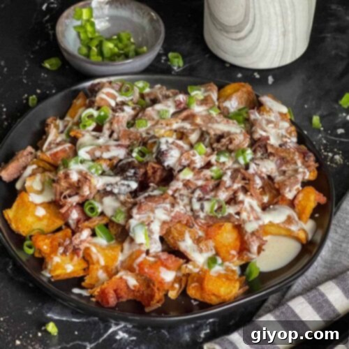 Loaded potato bites on a black plate, a delicious visual summary of the recipe.