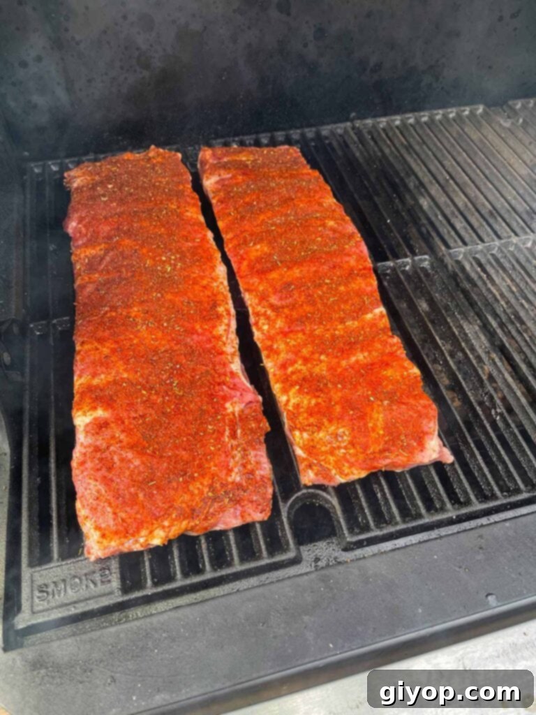 St. Louis style ribs being carefully placed onto the smoker grates.