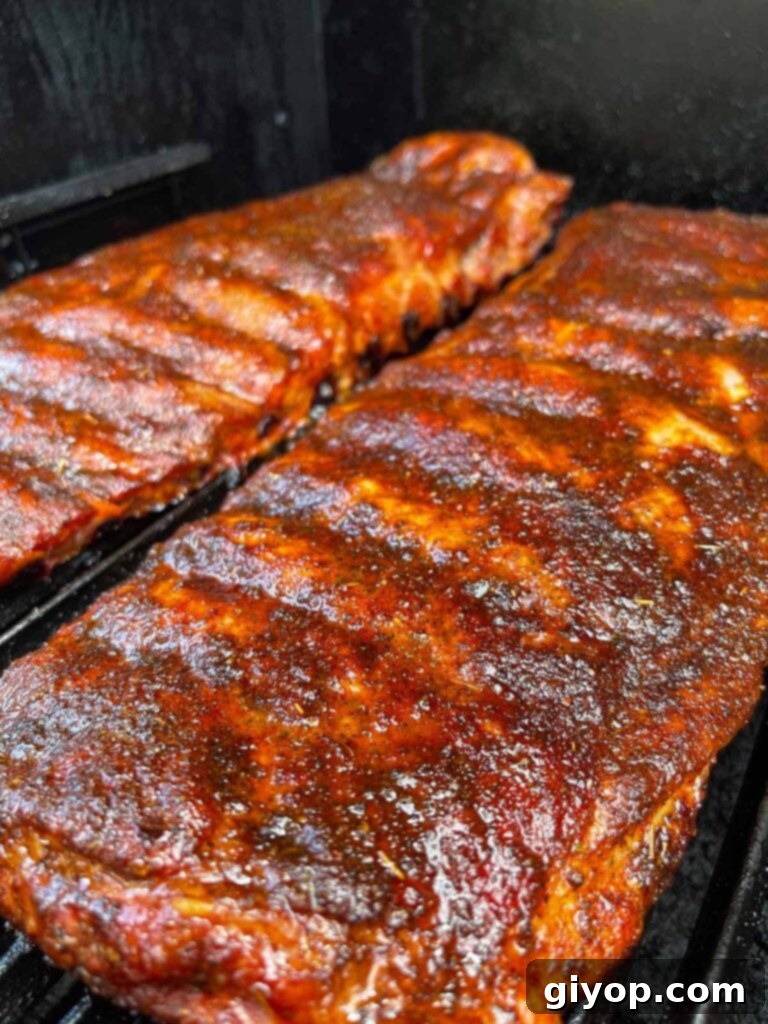 Smoked St. Louis style ribs approximately 2.5 hours into the cooking process.