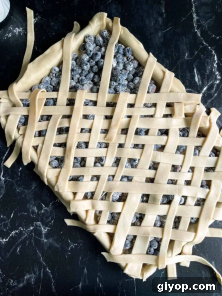 Blueberry Harvest Delight 8 A classic lattice crust, intricately woven over a blueberry slab pie, creating a beautiful and functional top for the dessert.