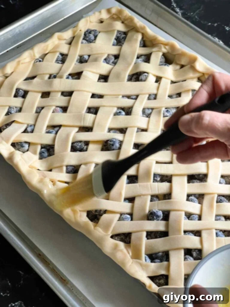 Blueberry Harvest Delight 10 A pastry brush applies an egg wash to the golden lattice crust of a blueberry slab pie, enhancing its sheen and promoting a rich, even browning during baking.