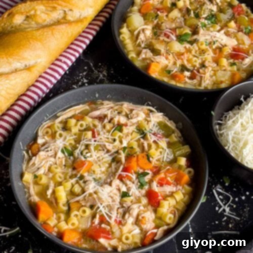 Sicilian Chicken Noodle Soup in a large cup with a parsley and Romano cheese garnish.