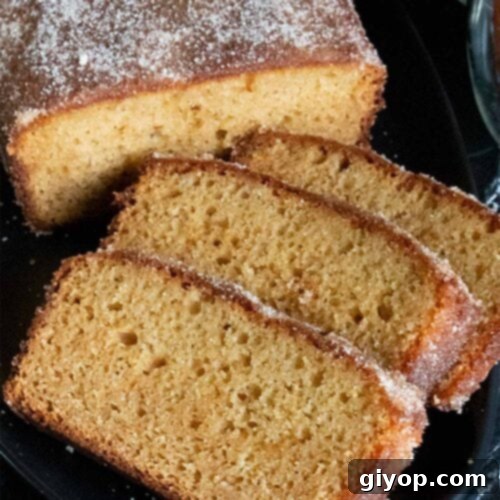 A delicious slice of apple cider doughnut loaf cake, showcasing its moist texture and sugary coating.
