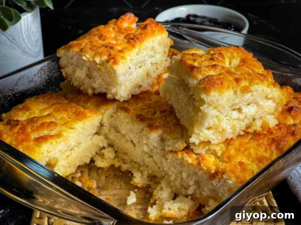 Two freshly baked butter swim biscuits resting on top of the baking pan filled with other square-cut biscuits, glistening with butter.