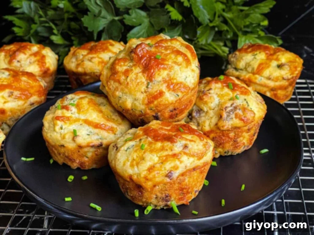 Sausage muffins stacked on a black plate garnished with finely diced chives, showcasing their golden-brown tops and savory filling.