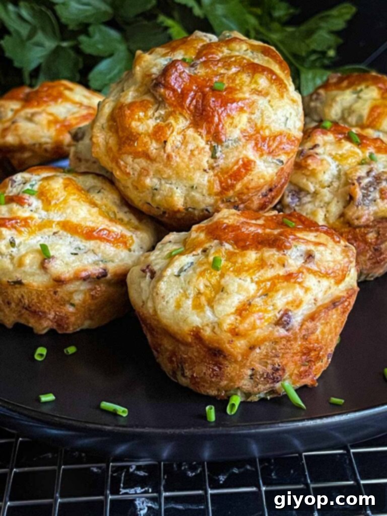 Sausage muffins stacked on a black plate garnished with fresh diced chives, presenting a delicious breakfast.