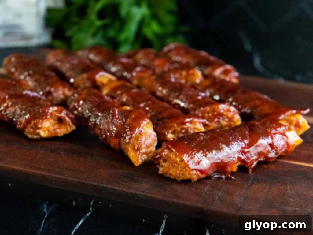 Pitmaster's Smoked Shotgun Shells 10 Smoked shotgun shells on a brown cutting board.