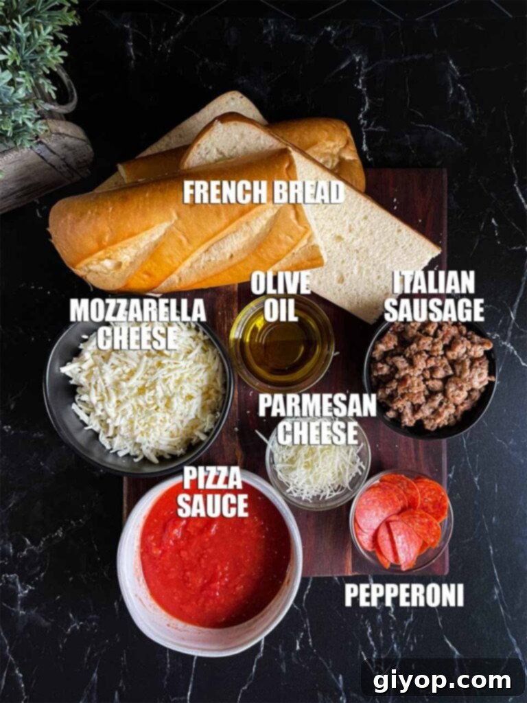 Fresh ingredients for making homemade French bread pizza, including sauce, cheese, pepperoni, and Italian sausage.