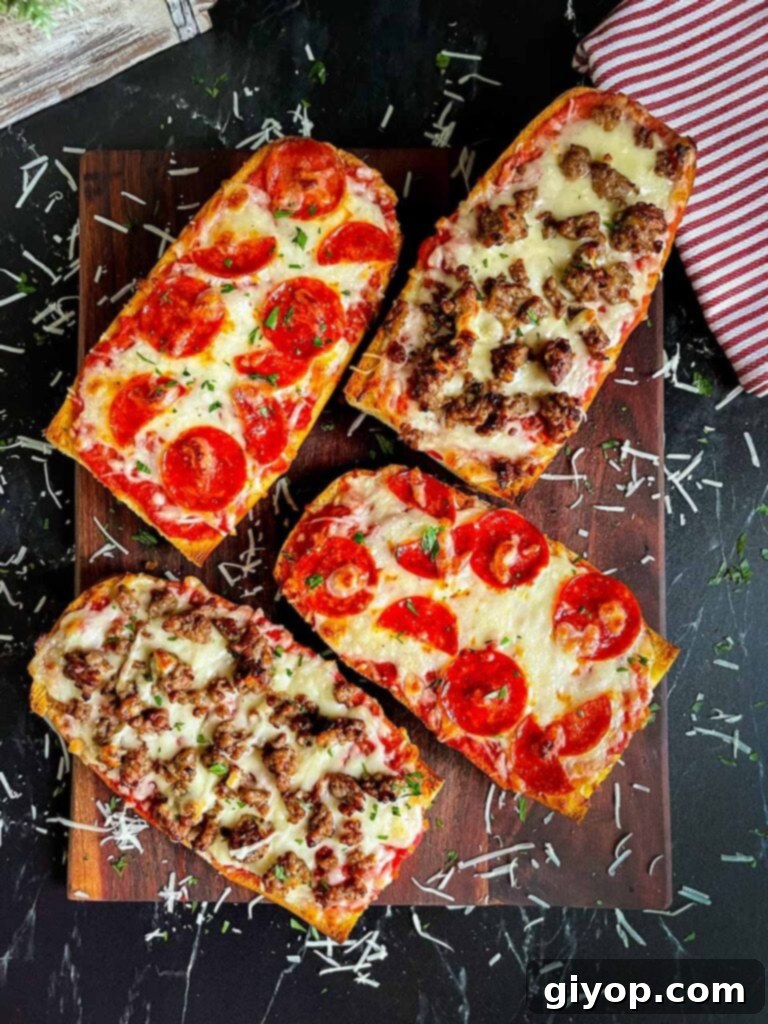 Finished French bread pizza with Italian sausage and pepperoni on a dark cutting board, freshly out of the oven.