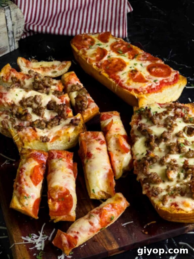 Assorted French bread pizzas on a cutting board, highlighting their golden crusts and melted cheese.
