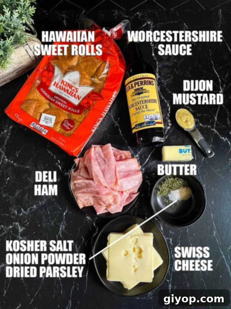 Ingredients for ham and cheese sliders.