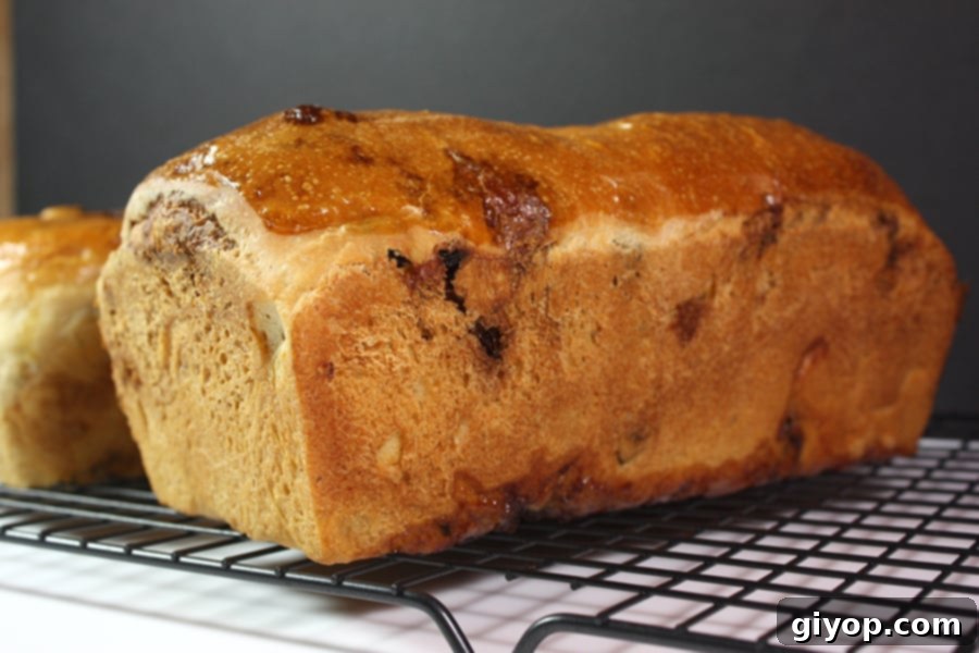 Freshly baked Cinnamon Raisin Bread cooling on a wire rack.