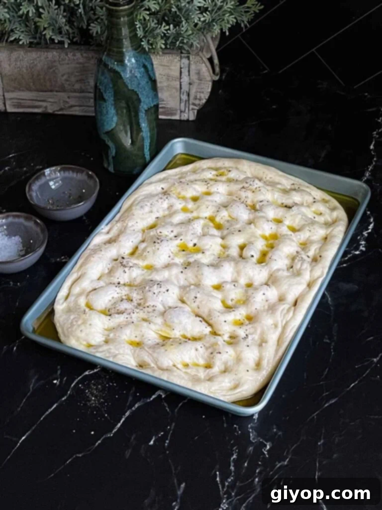 The focaccia dough, dimpled and topped with olive oil and seasonings, ready to be baked in the oven.