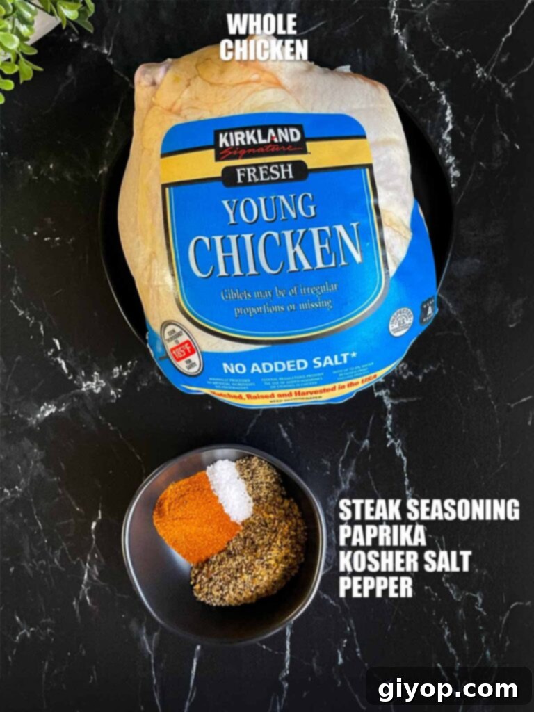 Raw whole chicken, smoked paprika, steak seasoning, salt, and pepper laid out as ingredients for a slow cooker roasted chicken recipe.