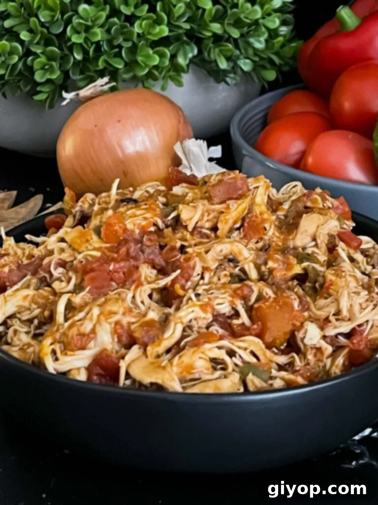 Slow cooker Mexican chicken in a dark bowl on a dark surface.