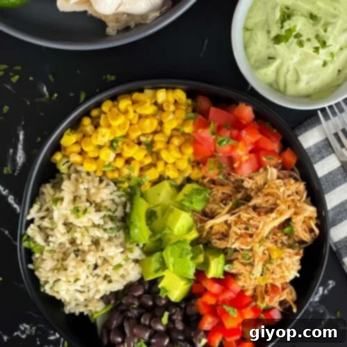A chicken burrito bowl with an avocado sauce on a dark background.