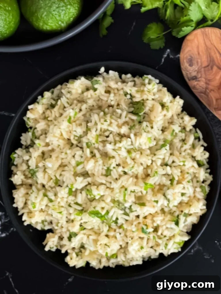 Fluffy cilantro lime rice presented in a dark bowl, garnished with fresh green cilantro leaves, offering a vibrant alternative.
