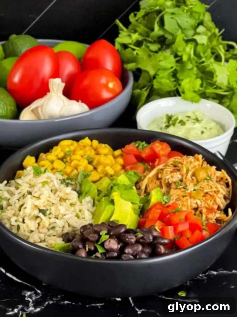 Another enticing view of a homemade chicken burrito bowl, showcasing its layered ingredients and fresh toppings, drizzled with avocado sauce.